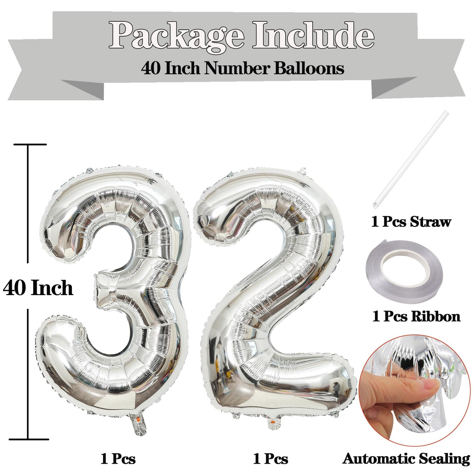 Giant Silver Number 32 Balloons, 40 Inch Jumbo Number 32, Large Foil Mylar Balloons for Girls Women 32th Birthday Party Decorations, 32 Anniversary Events Decorations
