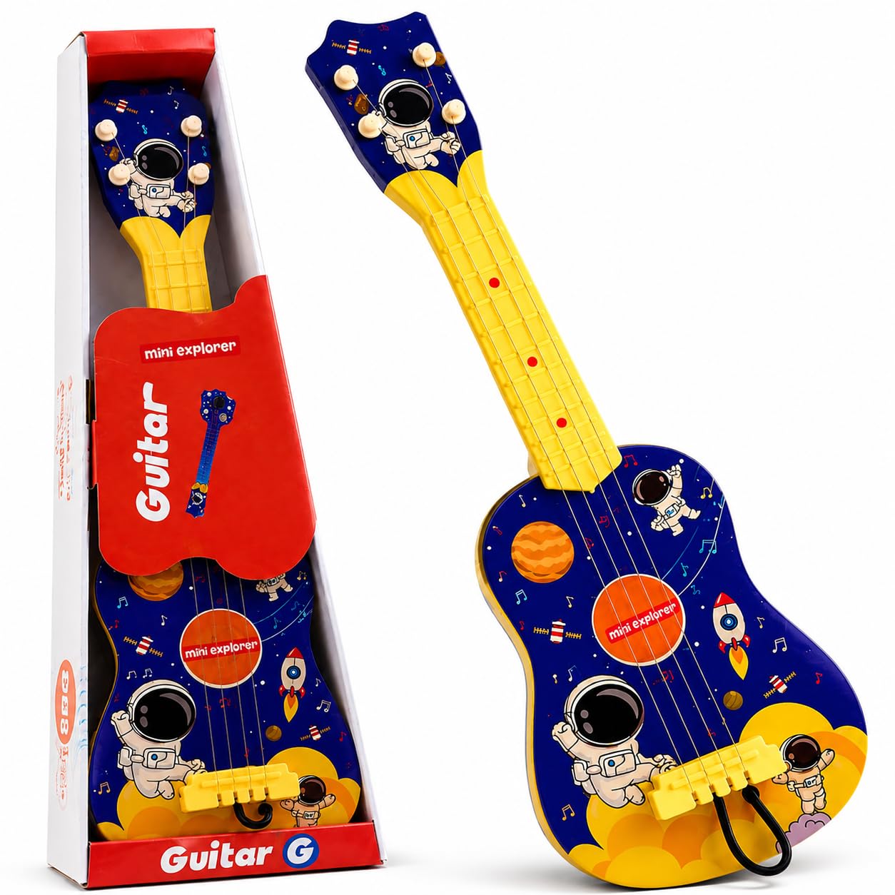 MiniExplorer Ukulele Guitar Toy for Kids, 57 cm 4 String Musical Instrument Toy for Toddlers & Boys Girls Age 3+, Early Educational Pretend Play Guitar - Space
