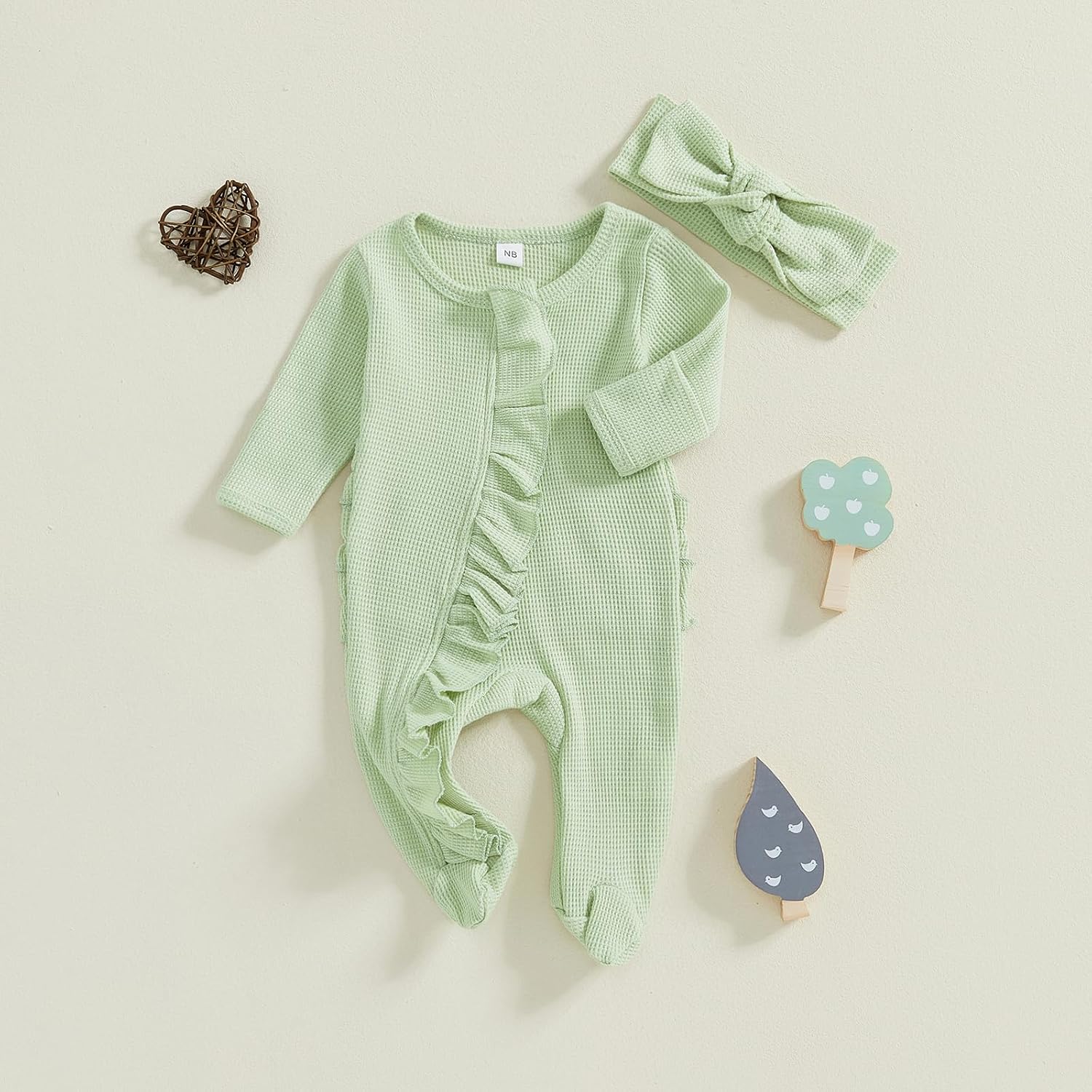 Newborn Baby Girl Clothes Footie Ruffle Trim Zipper Romper Jumpsuit Bodysuit Headband Coming Home Hospital Outfits