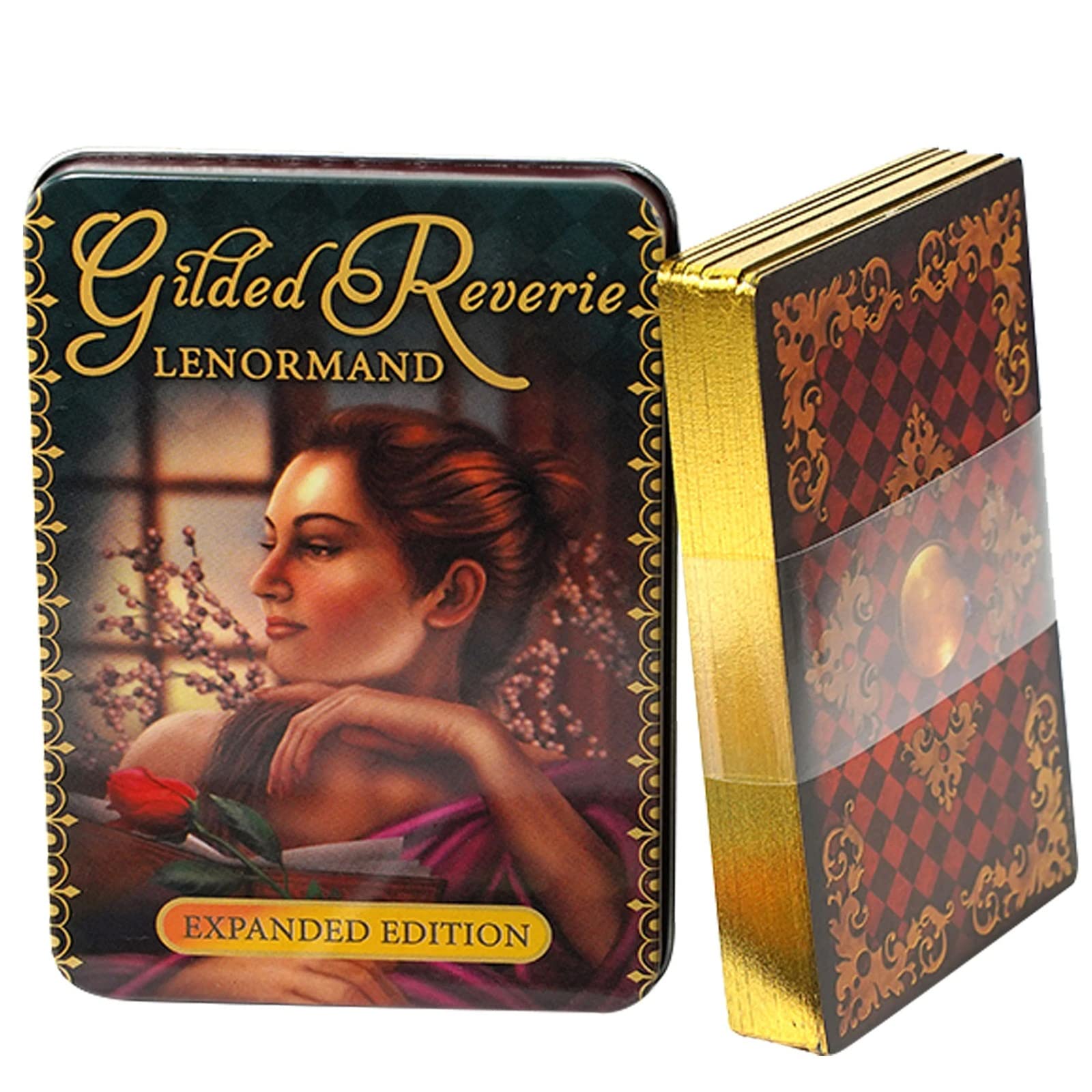 Yuechuxiao Glided Reverie Lenormand Oracle Tarot Cards Deck with Guidebook & Metal Box for Beginners and Expert Readers, Gold Foil Edge Divination Tools
