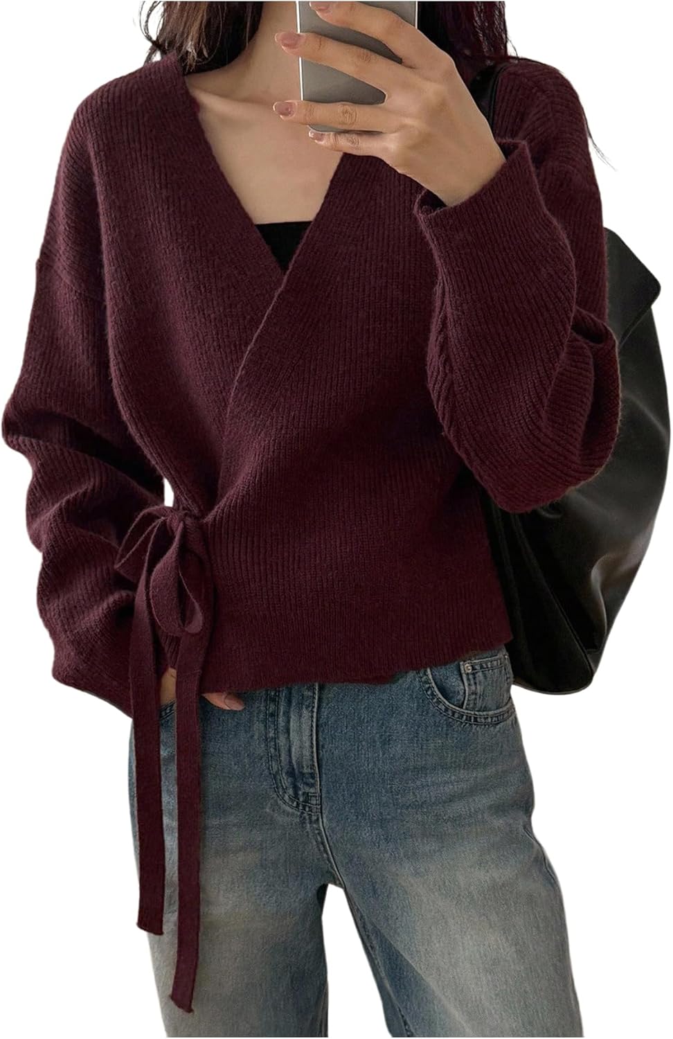 GORGLITTER Women's Wrap Cardigan Sweaters Long Sleeve Tie Drop Shoulder Trendy Knit Cardigan Outfits Old Money Clothes Redwood Large