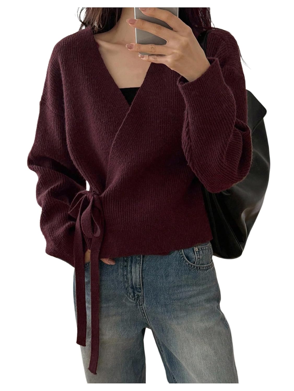 GORGLITTER Womens Wrap Cardigan Sweaters Long Sleeve Tie Drop Shoulder Trendy Knit Cardigan Outfits Old Money Clothes Redwood