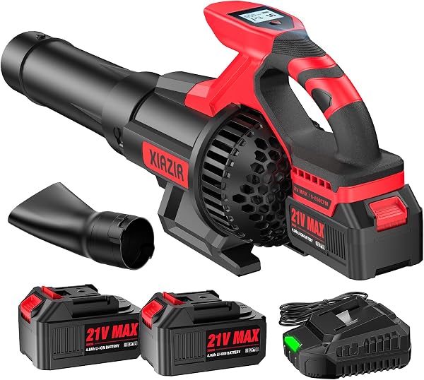 Souffleur de feuilles sans fil XIAZIR, moteur 21V 28 000 tr/min, écran LCD, 3 vitesses, 2 batteries 4,0 Ah et chargeur