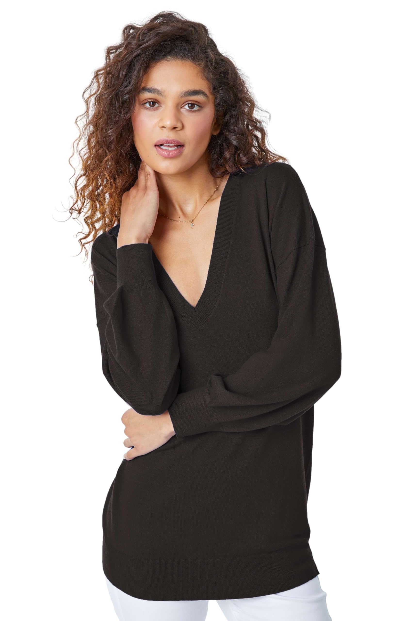 Roman Originals Women's Black V-Neck Jumper For Uk Boyfriend Fit Slouch Sweater Winter Autumn Textured Casual Flattering Knit Pullover Knitwear Daywear Lightweight Lounge - Size 12