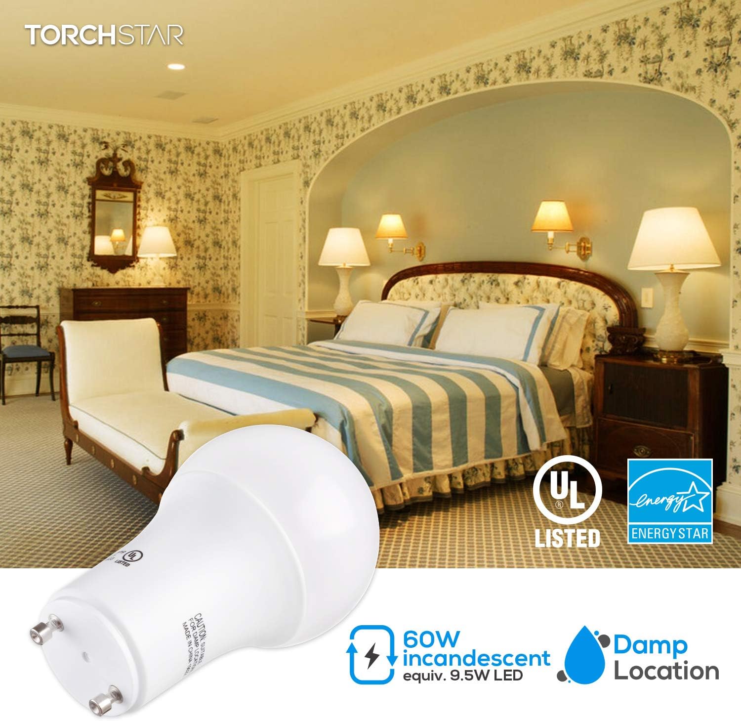 TORCHSTAR Dimmable GU24 Base LED Light Bulb, 3000K Warm White 9.5W (60W Equivalent) A19 Shape for Ceiling Fans, Twist Lock GU24 Base Bulb for CFL Replacement, UL Listed, Pack of 4