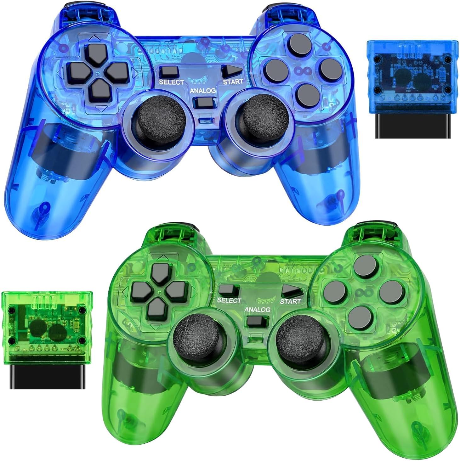 Doueuain Wireless Controller for PS2, 2 Pack 2.4G Dual Vibration Gamepad Joystick Compatible for Plays-tation 2, PS2 Game Remote with Wireless Receivers（Clear Green and Clear Blue）