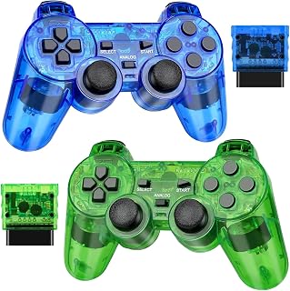 GamingBoy Wireless Controller for PS2, 2 Pack 2.4G Dual Vibration Gamepad Joystick Compatible for Play station 2, Ps-2 Game Remote with Wireless Receivers (Clear Blue and Clear Green)