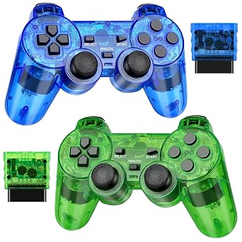 GamingBoy Wireless Controller for PS2, 2 Pack 2.4G Dual Vibration Gamepad Joystick Compatible for Play station 2, Ps-2 Game Remote with Wireless Receivers Clear Blue and Clear Green