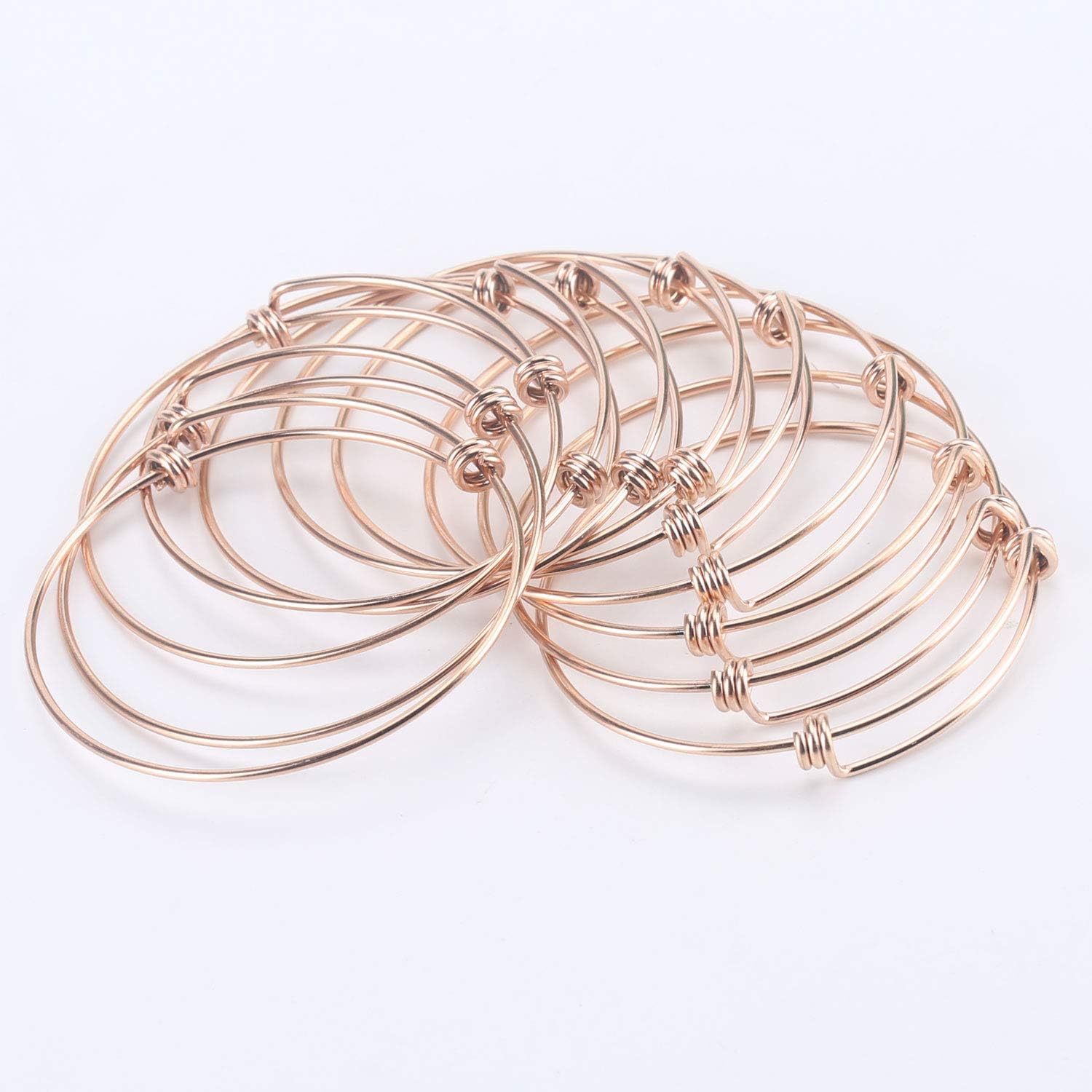 12 PCS Adjustable Wire Bangle Bracelet Stainless Steel Rose Gold Plated Expandable Bangle Bracelet for Jewelry Making 2.6 inch