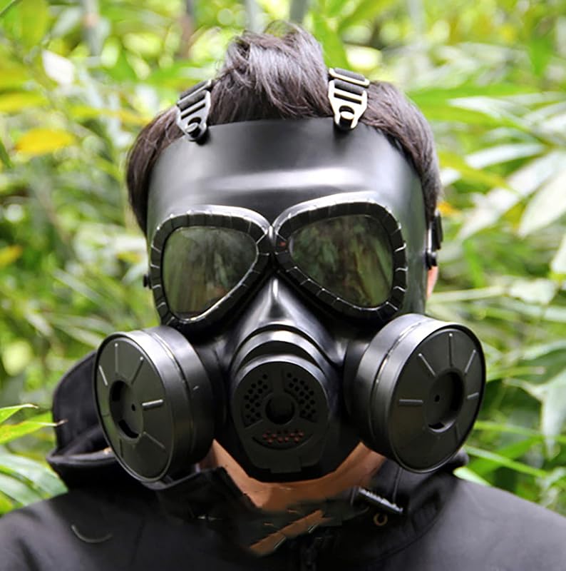 haoYK Taktikai Gázálarc Kettős Ventilátorral, Airsoft Paintball Védelem, Fekete