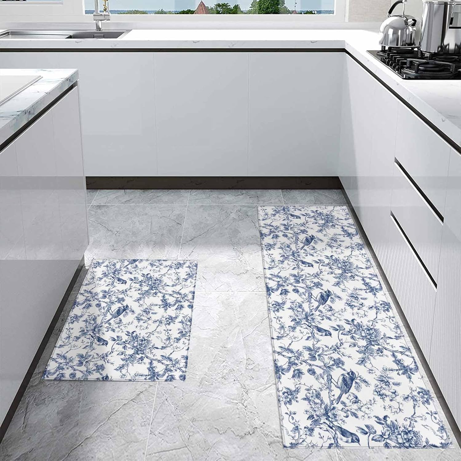 Kitchen Mats for Floor Vintage Art Bird Tree Branch Washable Non Slip Kitchen Rugs 2PCS, Blooming Flower Leaves on White Absorbent Standing Mats for Sink Office Living Room 15.7x23.6in+15.7x47.2in