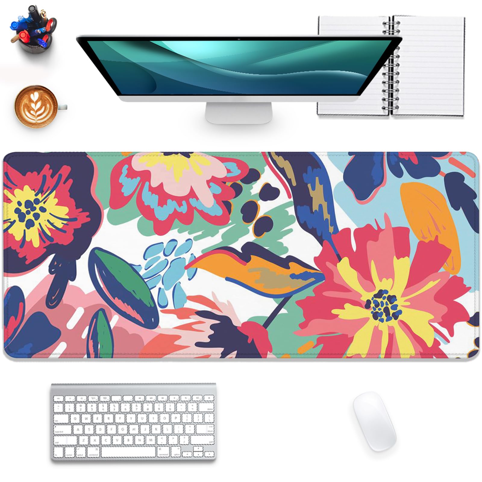 PAKWMFEVGD Abstract Floral Leaves Watercolor Mouse Pad Desk Mat, 27.5X11.8 in, L, Rubber, for Office, Computer, Keyboard, Laptop and Home Desk Pad