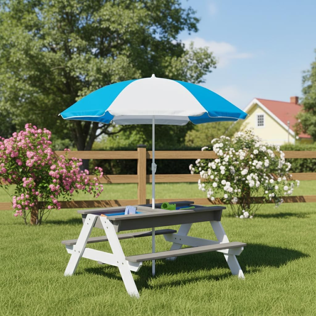 3-in-1 Kids Wooden Picnic Table with Adjustable 43" Umbrella, Convertible Sand & Water Activity Table, Solid Cedar Wood, Water-Based Coating, Seats 4 Ages 3+, Gray