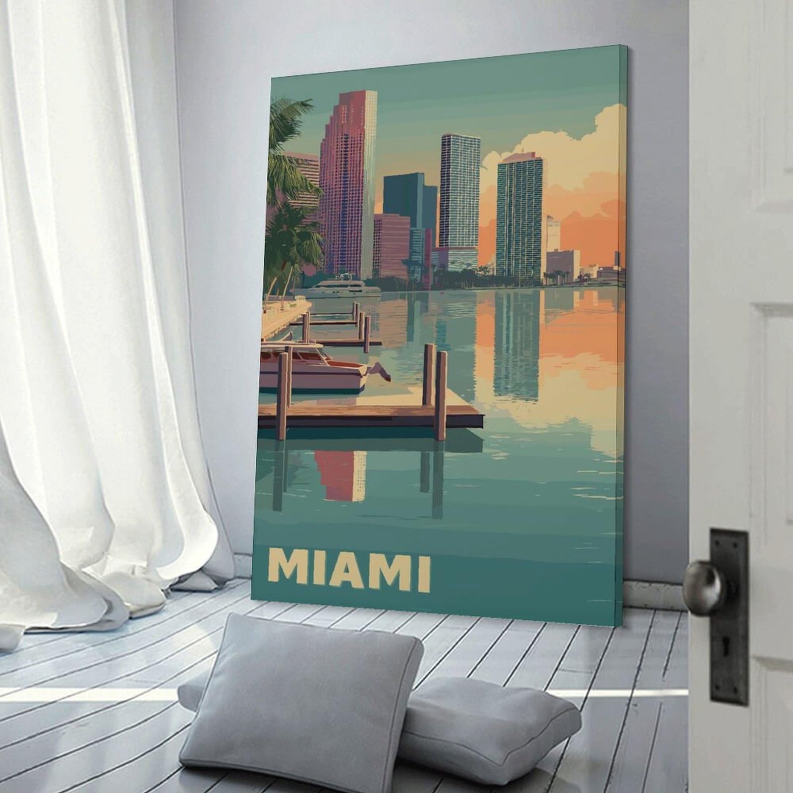 Junmoney Miami Cityscape with Boats And Docks Wall Picture Print 24x36inch(60x90cm), for Home Office, Desk Area Or Studio, Home Office Artwork with Decorative Appeal