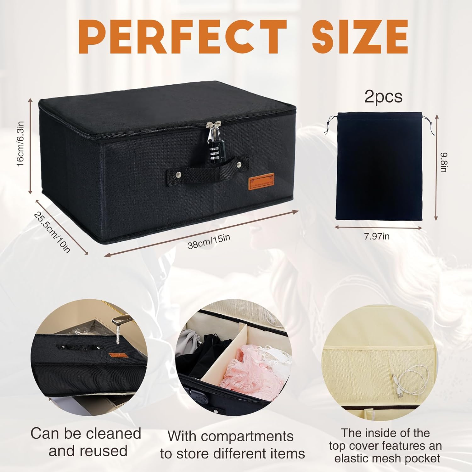 Locking Game Toy Storage Organizer Lock Box Toy Storage Bins Game Toys Storage Bags with 2 Drawstring Bags, Large capacity 15 x 10 x 6.3 Inches (Black)