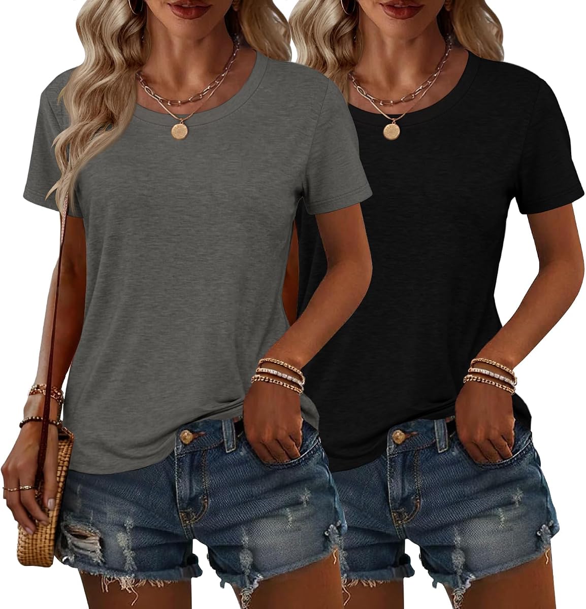 2PCS Women Short Sleeve T Shirts Crew Neck Solid Soft Basic Tee Casual Loose Fit Lightweight Summer Tops Clothes 2026