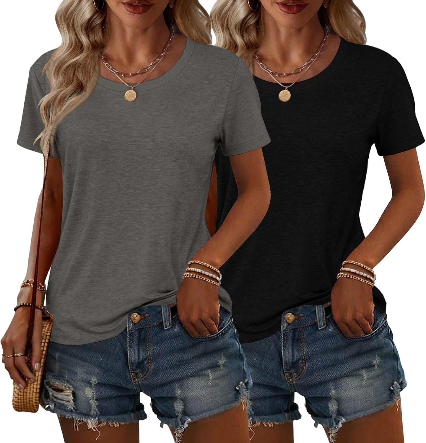 KILISU 2PCS Women Short Sleeve T Shirts Crew Neck Solid Soft Basic Tee Casual Loose Fit Lightweight Summer Tops Clothes 2026