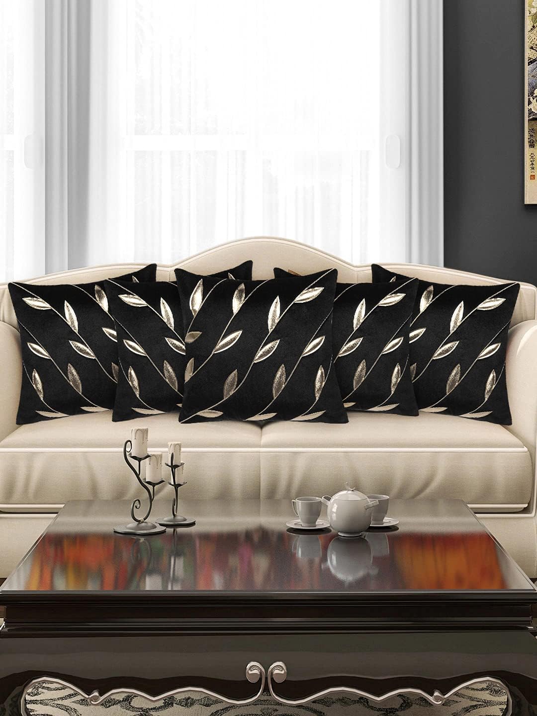 DECOTREE Velvet with Poly Silk Back Exclusive Throw Pillow/Cushion Covers (16 x 16 inch, Black) - Set of 5Pcs