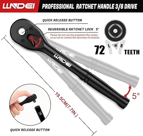 Miniatura 31 de LLNDEI Juego de llaves de impacto de 1/4 de pulgada, 83 piezas, SAE estándar (5/32-9/16 pulgadas) (0.157-0.591 in), mango de llave de trinquete 72T