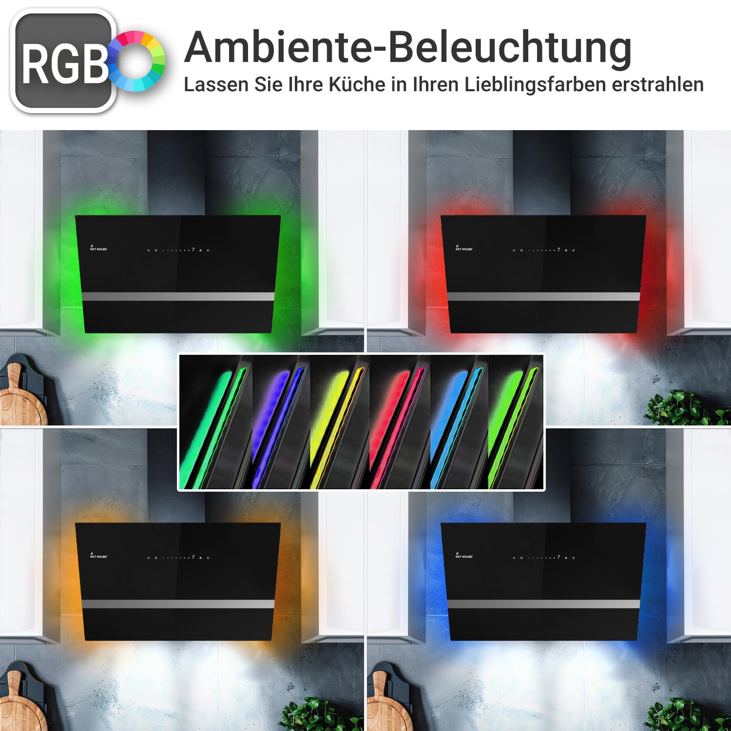 KKT KOLBE Dunstabzugshaube 90 cm 782 cbm/h Umluft Abluft Kopffrei Wandhaube Schwarz Glas Smart WiFi WLAN RGBW-LED EASY9005SM