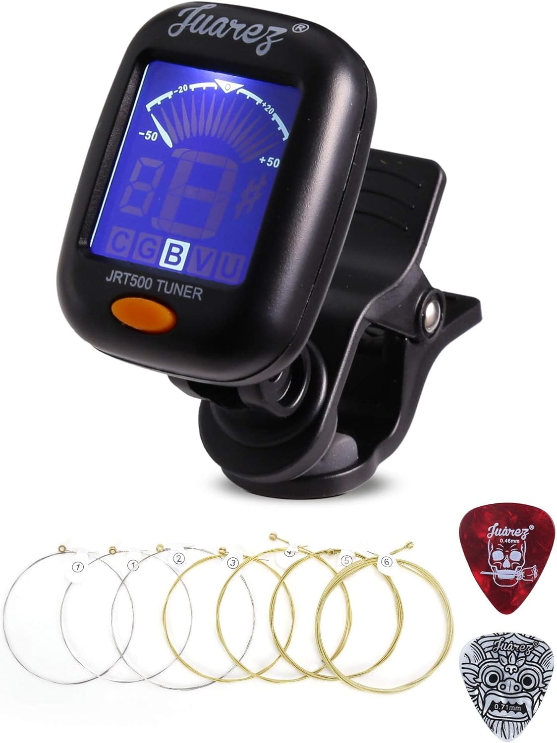 Juarez JRT500 Premium Guitar/Ukulele Tuner Combo With + Extra Light Copper Wound Strings Set (0.010–0.048, 7 Strings) + 2 Picks – For Acoustic, Electric & Bass Guitars – Green Ethnic Combo