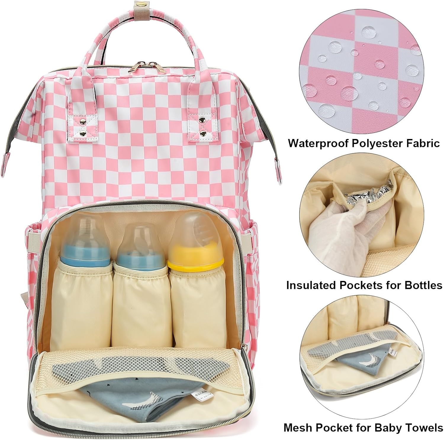 Checkered Pink Baby Diaper Bag Backpack for Women, Large Capacity Waterproof Maternity Travel Nappy Backpacks with Stroller Straps