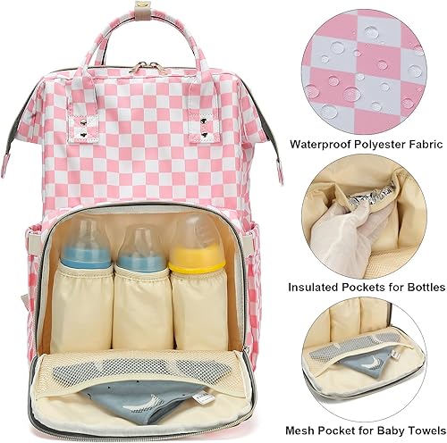 Miniatura 2 de Mochila para pañales para bebé, mochila de gran capacidad, impermeable, para maternidad, viajes, con correas para cochecito, Rosa a cuadros.,