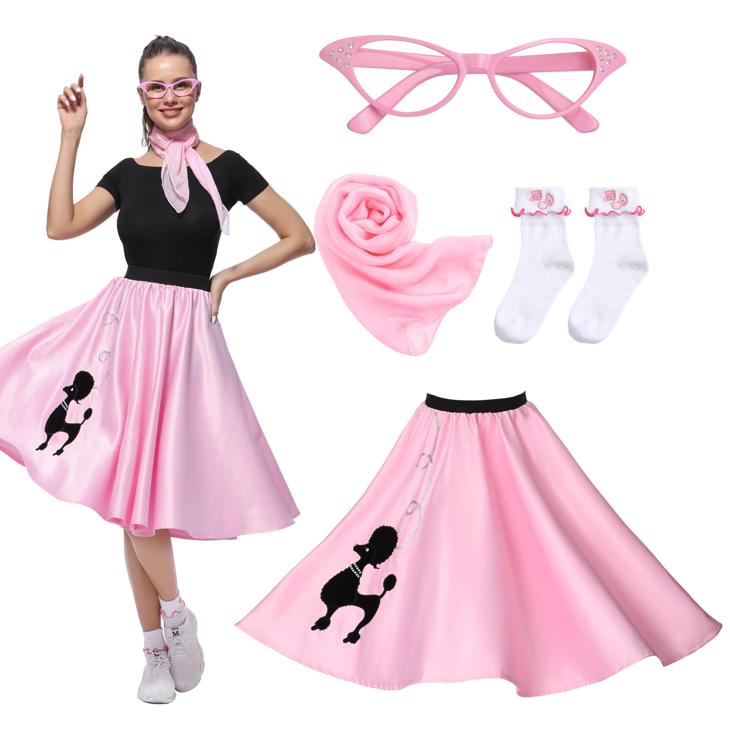 Adults Sock Hop Outfits, Women 1950s Costume, Women 50's Day Poodle Skirt with Glasses, Scarf and Socks