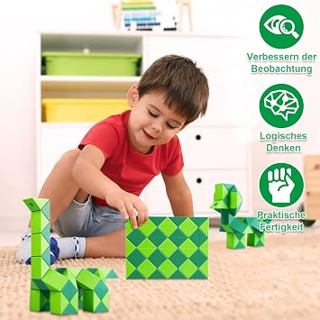 Magic Snake Cube 48 Blocks Magic Snake Ruler Twist Puzzle Party Gifts Educational Creative Snake Fidget Toy for Kids/Adults (Green)