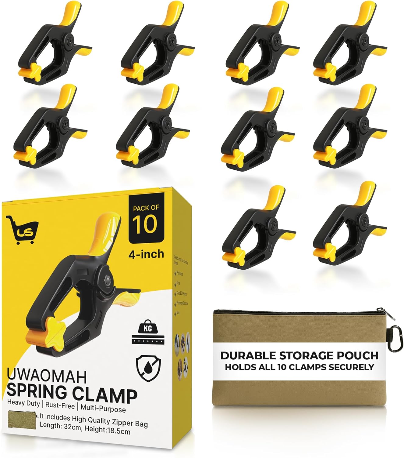 Spring Clamps [10 Pack] – 4-Inch Clamps Heavy Duty with 30lb Grip Strength & 2" Jaw Capacity | Rust-Free for Backdrop with Non-Slip Pads | Heavy Duty Clamps, Crafts, DIY & Tarps