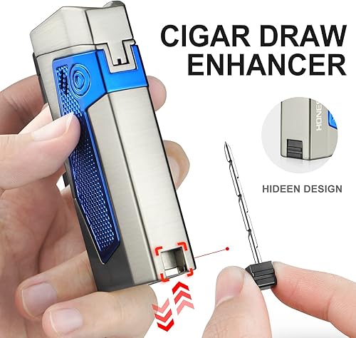 Miniatura 10 de Encendedor de puros con soporte de cigarros en la parte superior Cuatro llama butano recargable encendedor de cigarros con punzón (negro)