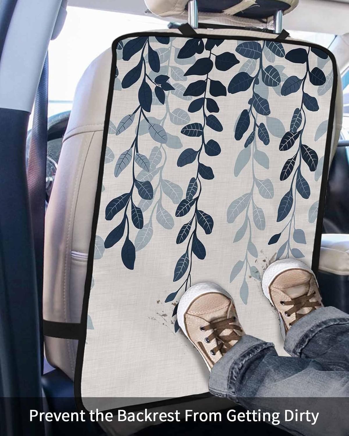 Car Seat Protector, 2 Pack Kick Mats Back Seat Protector Plants Gradient Blue Leaves Farmhouse Style Linen Texture Waterproof Backseat Cover for Kids Universal Fit Automotive Interior Protectors