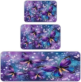 Purple Butterflies Sparkle Magic Anti Fatigue Kitchen Rug Set of 3 Non-Slip Waterproof Cushioned Comfort Standing Floor Mat Washable Farmhouse Decorative Rug for Kitchen Office Sink Laundry Hallways 1