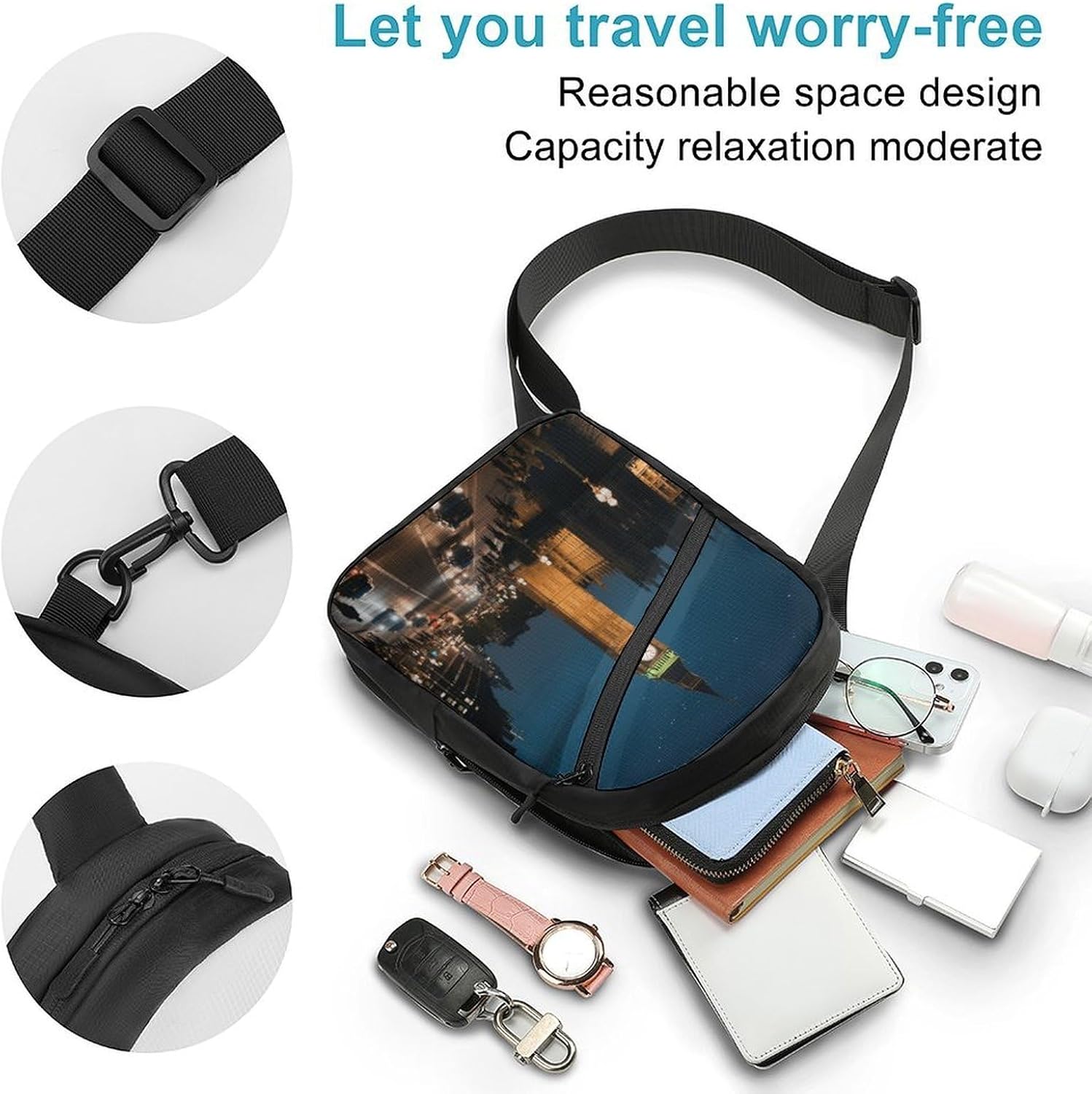 Big Ben Sling Bag Crossbody Chest Bag Fanny Pack | Foldable Oxford Cloth Crossbody Bag with Internal Storage Bag Adjustable Sling Backpack Compact Lightweight for Travel Hiking