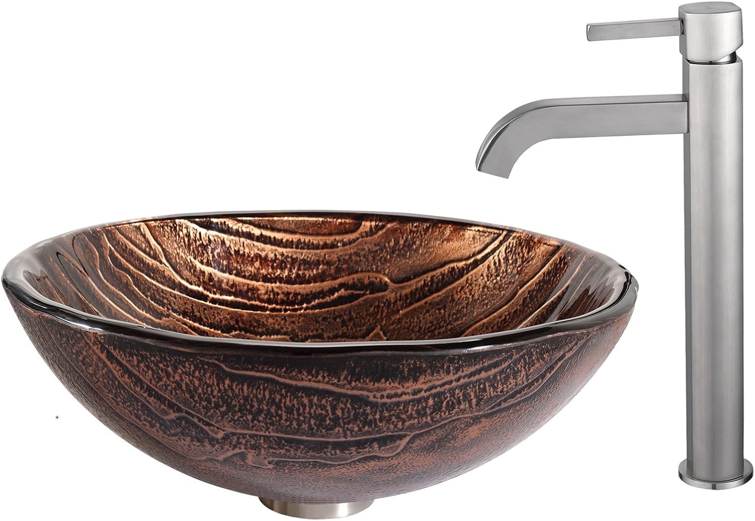 KRAUS Gaia Glass Vessel Sink in Brown with Ramus Faucet in Satin Nickel
