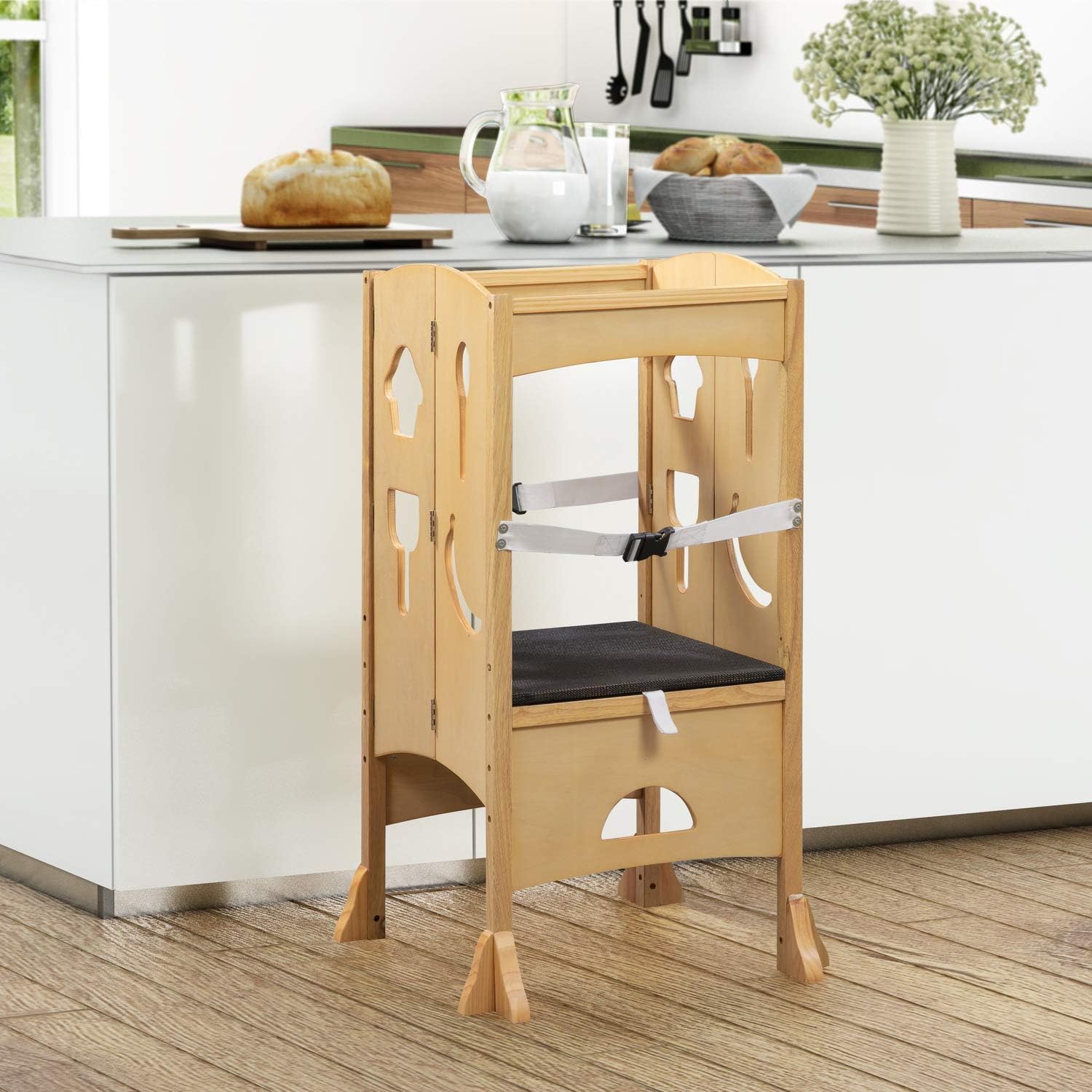 Naomi Home Kids I'm a Big Helper, Kitchen Step Stool for Toddlers with Safety Rail, Children Standing Tower for Learning Little Helper, Solid Wooden Counter Stool for Kids Natural