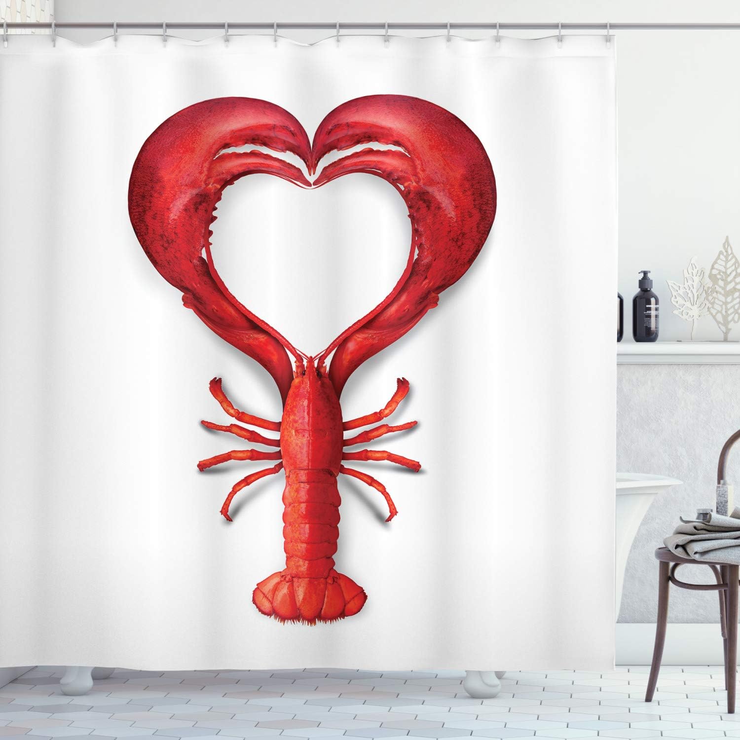 Ambesonne Sea Animals Shower Curtain, Boiled Lobster Shapeds Heart Fish Dinner Seafood Love Restaurant Menurt, Cloth Fabric Bathroom Decor Set with Hooks, 69" W x 70" L, Red
