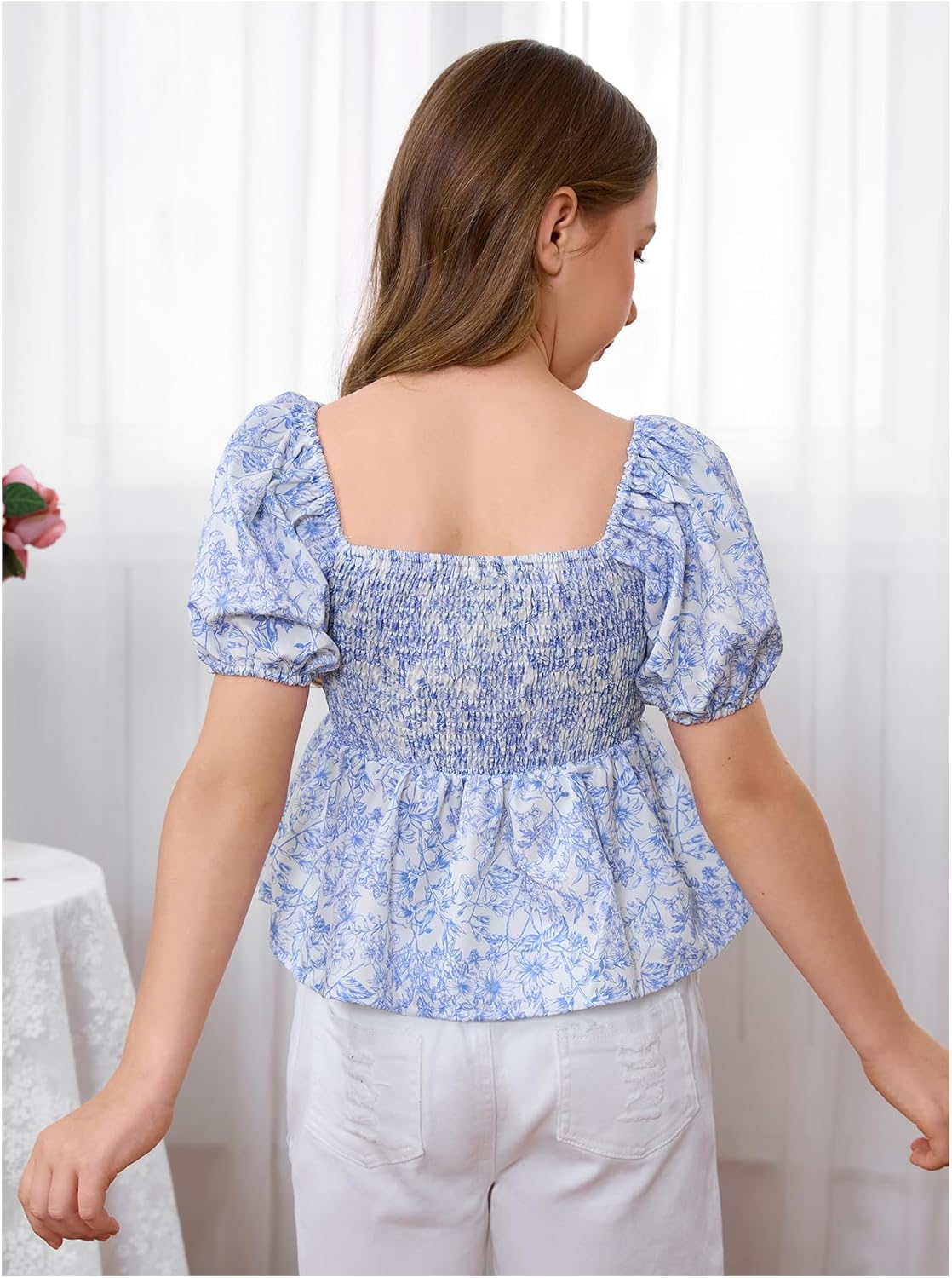 OYOANGLE Girl's Floral Print Square Neck Tops Puff Sleeve Cinched Waist Blouses - Image 2