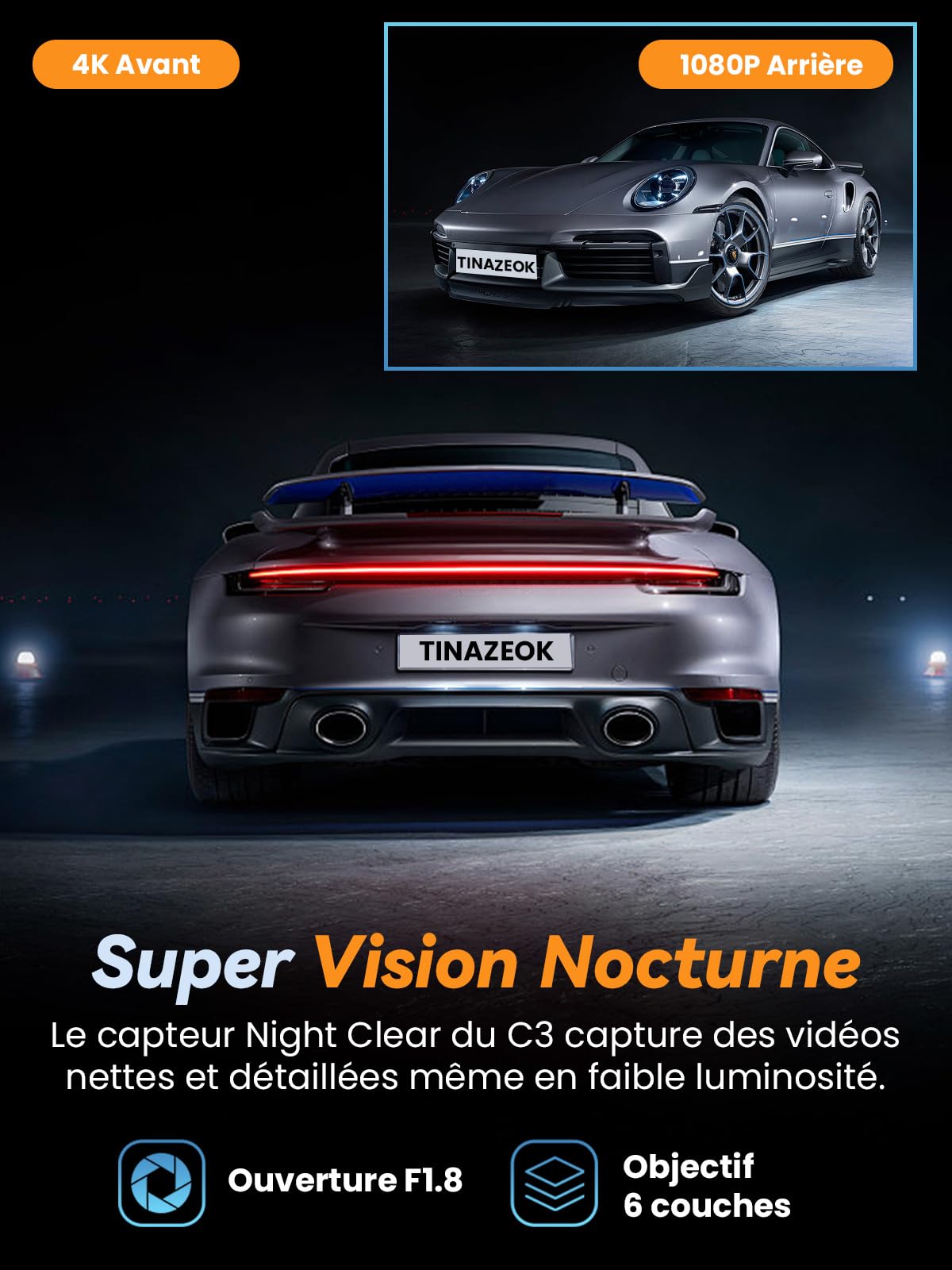C3 Dashcam Voiture Avant arrière, caméra 4K+1080P, Wi-FI 5GHz avec contrôle Via app, Carte SD 64GB, Vision Nocturne, Grand Angle 170°, WDR, stationnement 24H, capteur G, Installation Facile