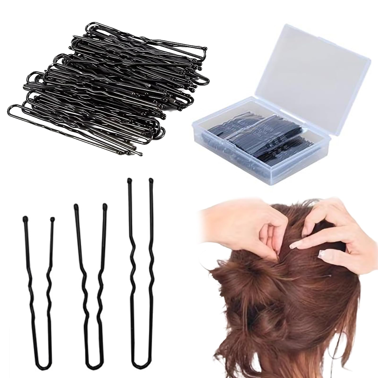 KDSSYFT U字ピン ヘアピン 150本セット 5cm 6cm 7cm 各50本 収納ケース付き ヘアアクセサリー 結婚式 成人式 卒業式用 (ブラック)