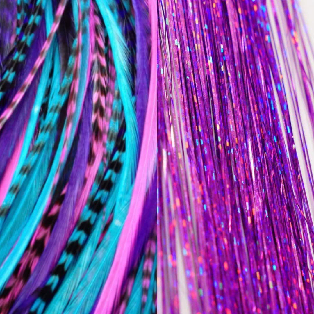 Hair Feathers and Tinsel Kit Tool Kit, Pink Purple and