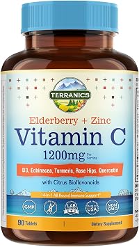 Terranics Vitamin C Elderberry Zinc, with Vitamin D3, A, B6, B12, Folate, Rose Hips, Citrus Bioflavonoids, Turmeric, Echinacea, 14-in-1 Daily Immune Support, 90 Tablets