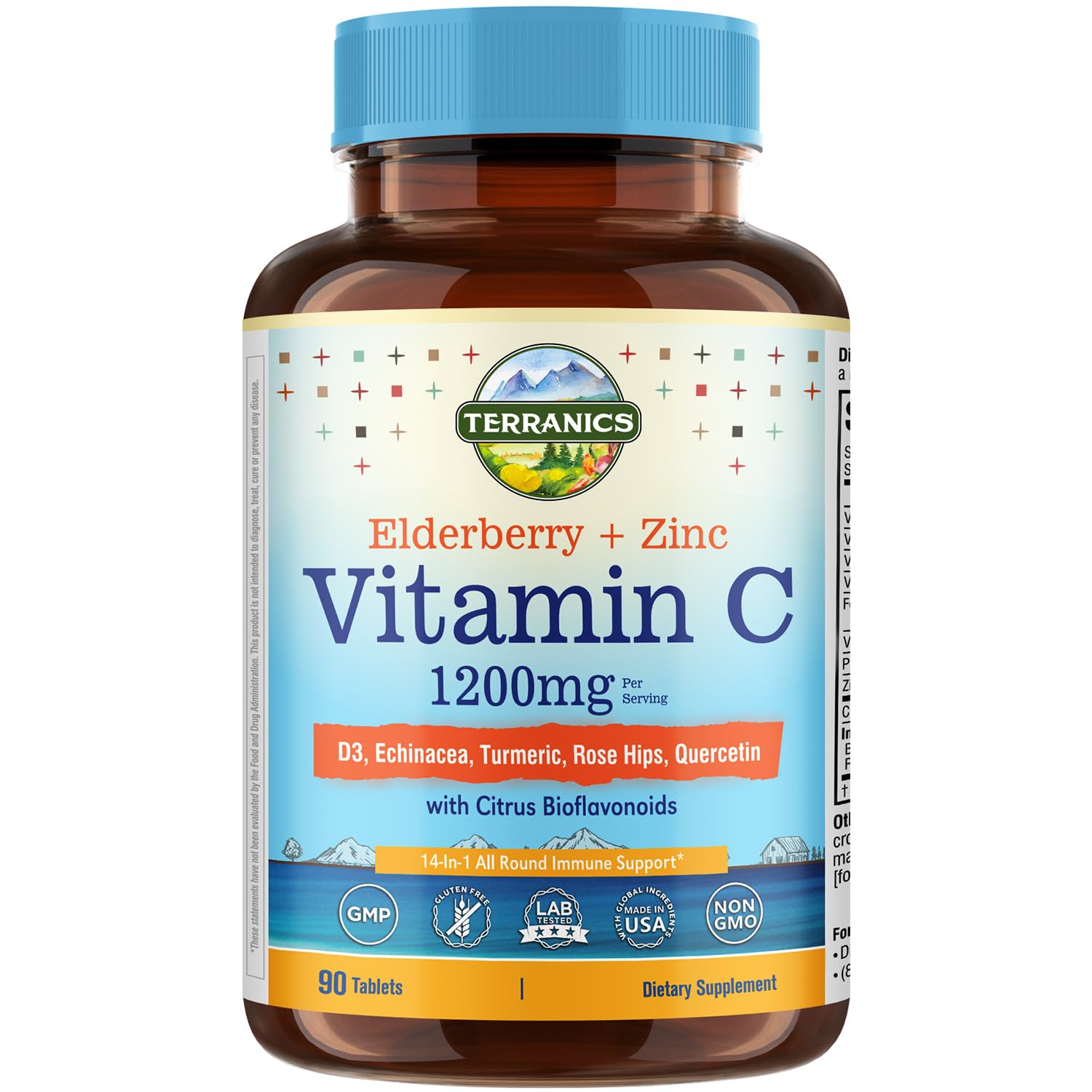 Terranics Vitamin C Elderberry Zinc, with Vitamin D3, A, B6, B12, Folate, Rose Hips, Citrus Bioflavonoids, Turmeric, Echinacea, 14-in-1 Daily Immune Support, 90 Tablets