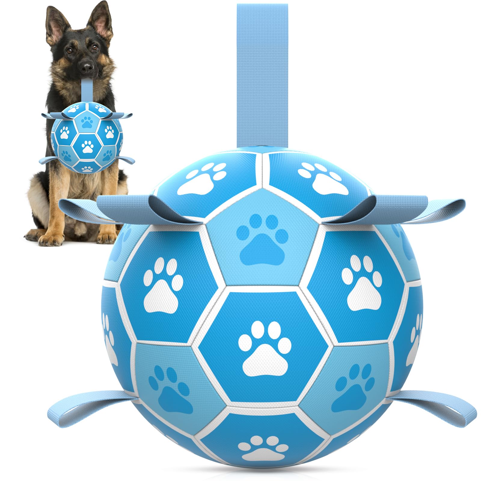 HETOO Dog Ball Toy Dog Football: Interactive Dog Balls with Webbing, Durable High Bounce Floating Dog Toys Balls for Dog Birthday Gifts Indoor & Outdoor Light Blue Large (8 Inch)