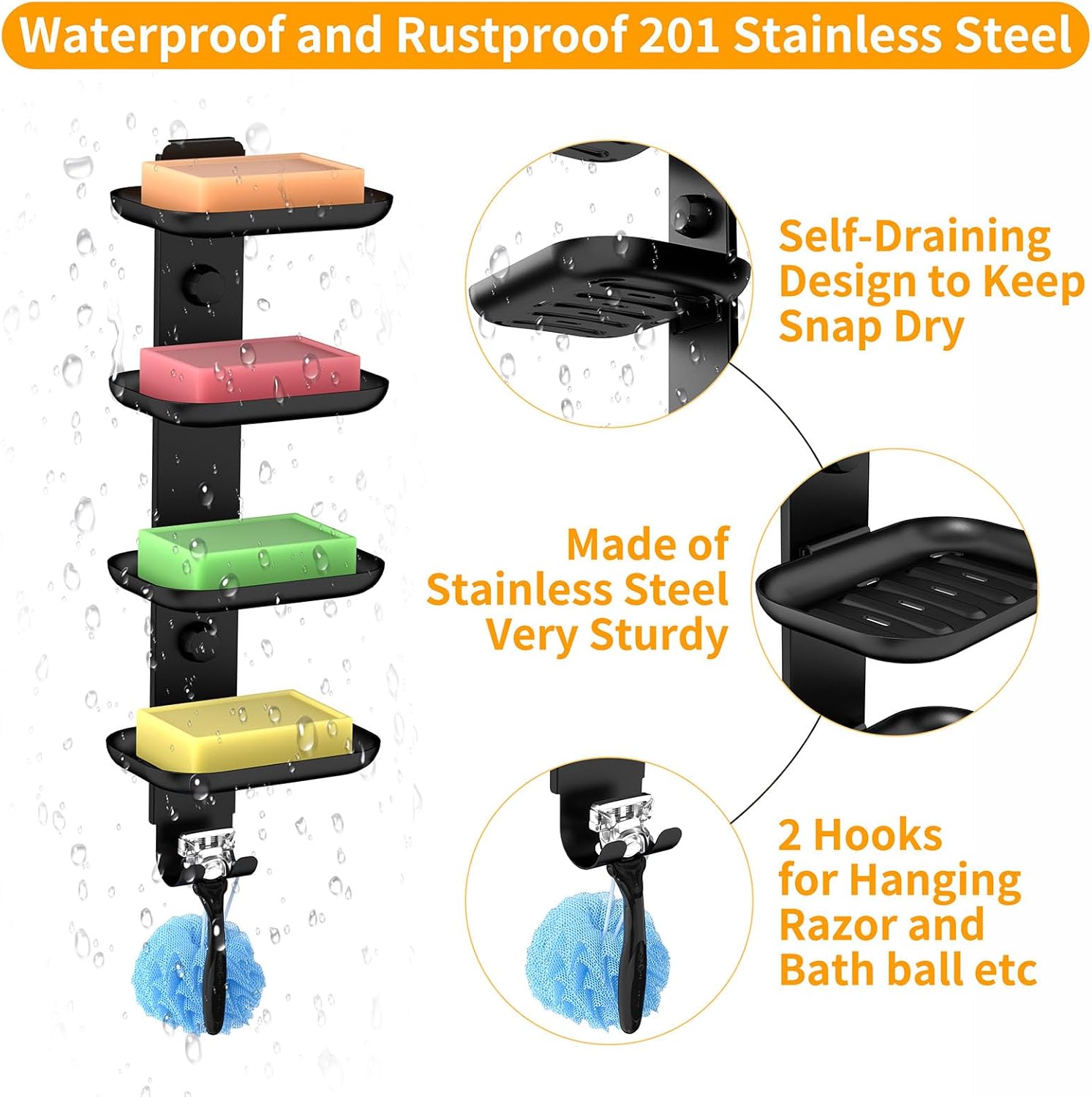 Adhesive 4 Tier Bar Soap Holder for Shower Wall Mounted, Stainless Steel Self Draining Shampoo Bar Holder Caddy for Bathroom Tub and Kitchen Sink, Travel Soap Dish with 2 Hooks, Black - Image 3