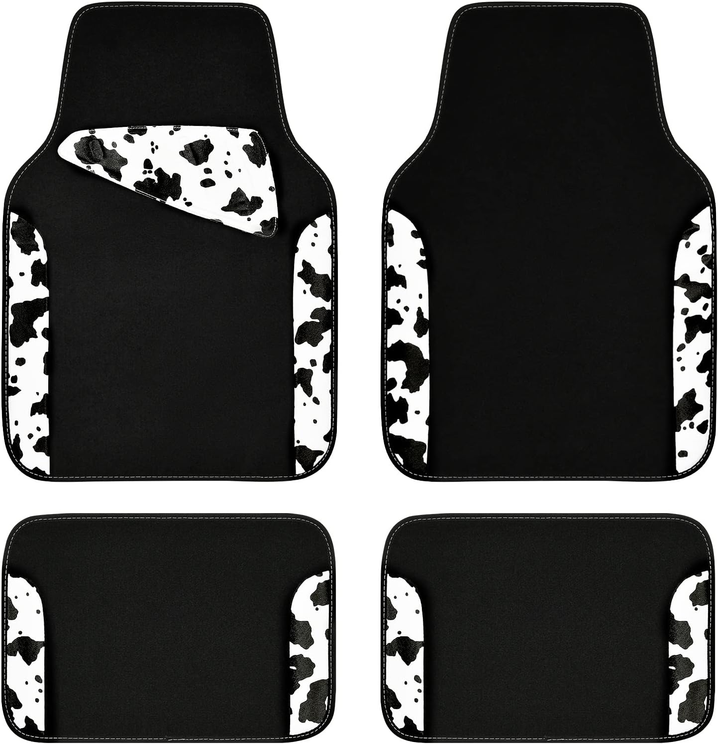 CAR PASS Waterproof Universal Car Floor Mats, Cow Print Car Mats Fit for SUV Van Sedan Truck, Set of 4pcs Car Carpet with Driver Heel Pad and Nibs Backing, Cute Women Girly (Black White Cow-4PCS)