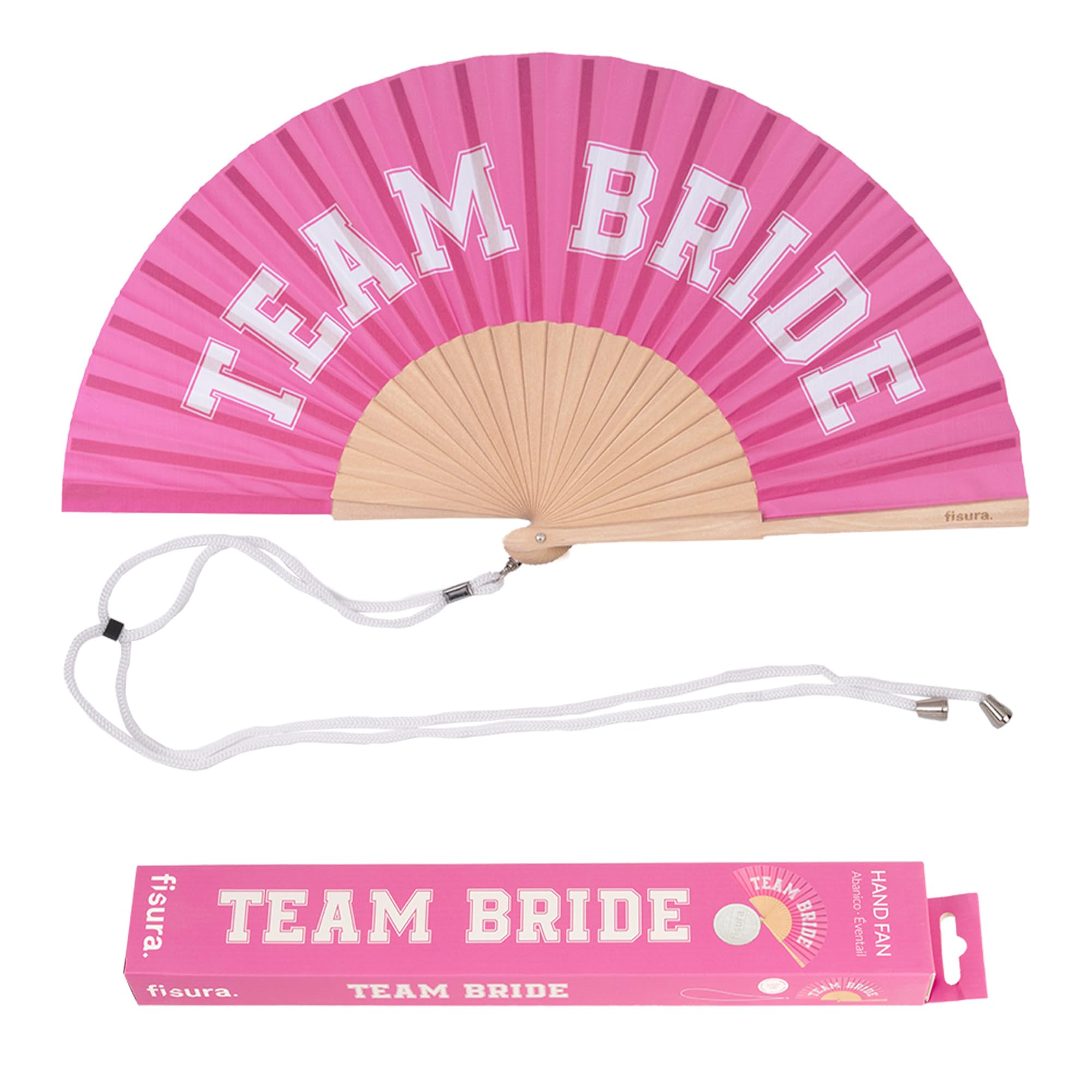 Fisura – Original Folding Handheld Fan with Fun Message team bride, Wooden Folding Fan for women, Pink Design with Hanger for Wedding, rave, festival - Size: 42.5 x 23 cm — image 1