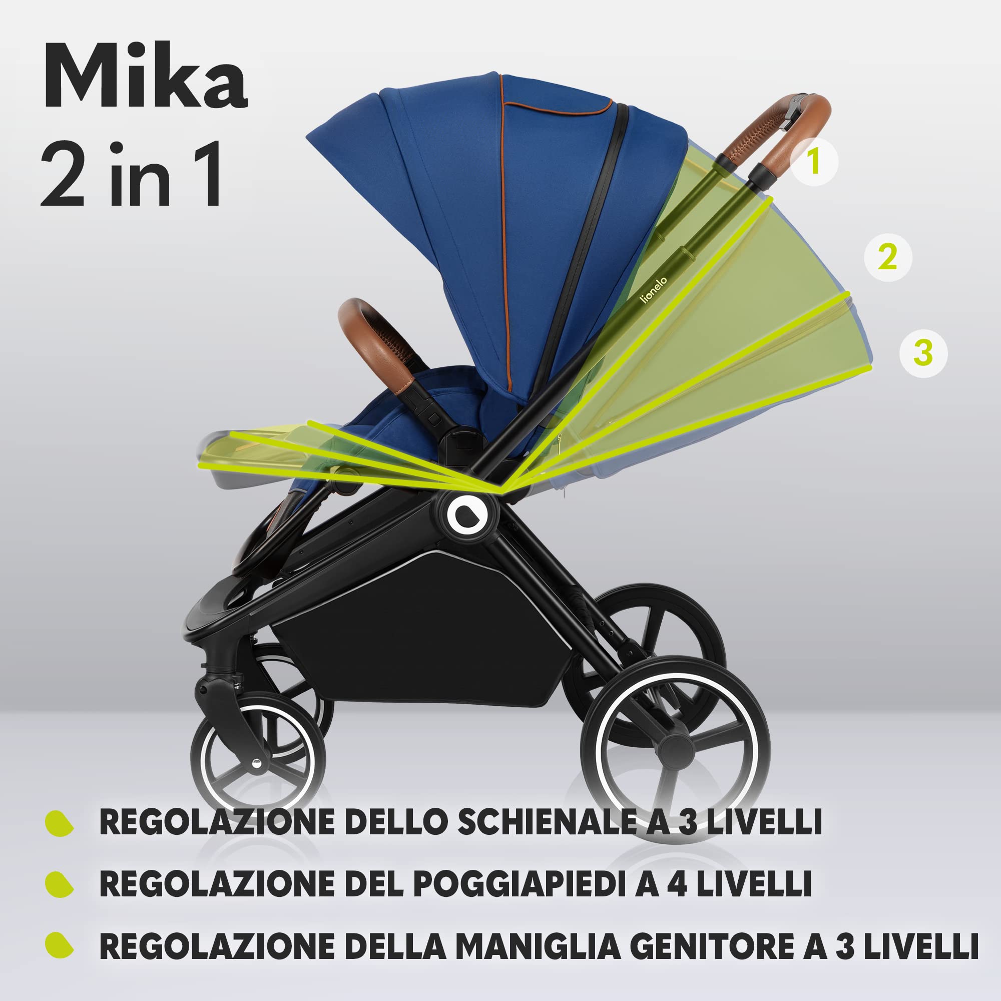LIONELO Mika Passeggino 2 in 1 con Navicella dalla Nascita a 48 Mesi | Fino a 22 kg, Seduta a Secchiello Regolabile, Pieghevole e Leggero, Grandi Ruote, Cappottina XXL e Accessori Inclusi