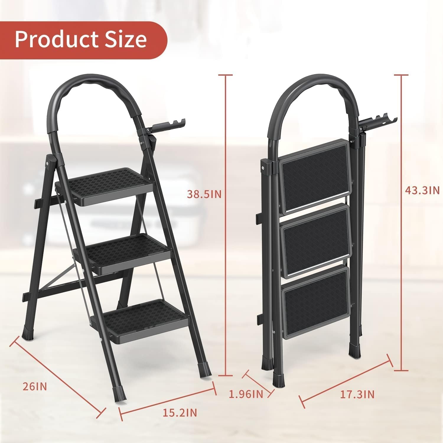 3 Step Ladder-Step Ladder 3 Step Folding-Folding Step Stool with Anti-Slip Wide Pedal & Convenient Handgrip-600lbs Sturdy Steel Step Ladder for Adult-Portable Step Stool for Home,Kitchen,Office