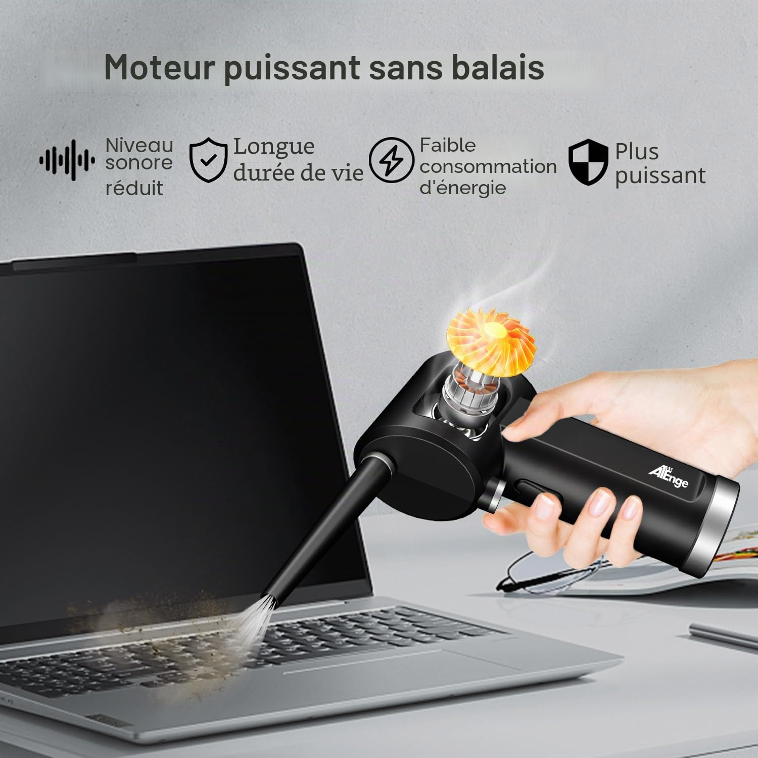 Bombe d'air Comprimé, Dépoussiérant Puissants électrique,Plumeau à air électrique 33000 tr/min, avec câble USB et brosse de nettoyage, pour ordinateur, clavier,voiture, maison pour animaux domestiques